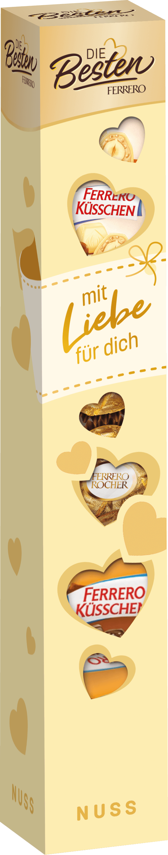 Schmale hohe Verpackungen mit Ferrero Produkten aus Nuss