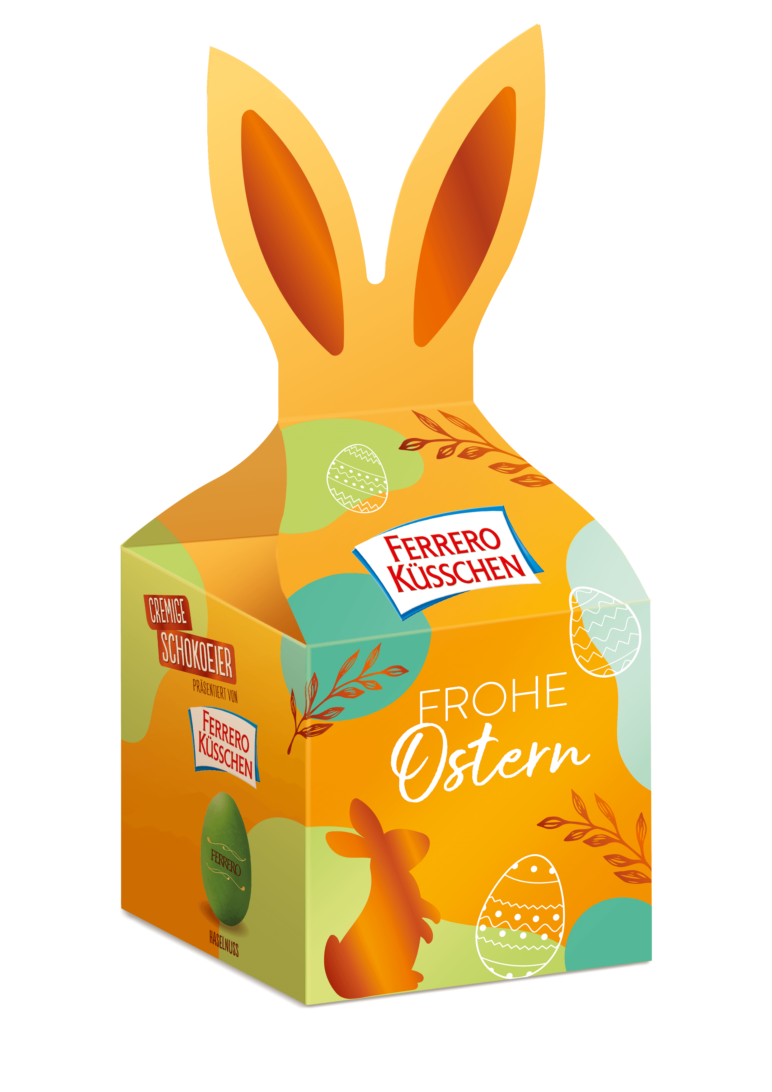 Verpackung mit Hasenohren aus orangenem Karton mit bunten Eiern